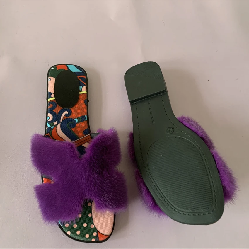 Sandales plates pour femmes, pantoufles 100% vrais poils de vison, chaussures de styliste à fond plat, tongs d'extérieur confortables et antidérapantes
