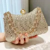 pochette de soirée de luxe rétro pour femmes, incrustation de diamants en strass fins, petit sac à bandoulière pour fête de mariage or argent bleu