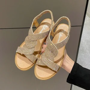 Sandales rondes à talons hauts pour femmes, pantoufles de plage, chaussures à semelle souple, décoration diamant, chaussures à enfiler pour dames, nouvelle mode, tendance, 2023