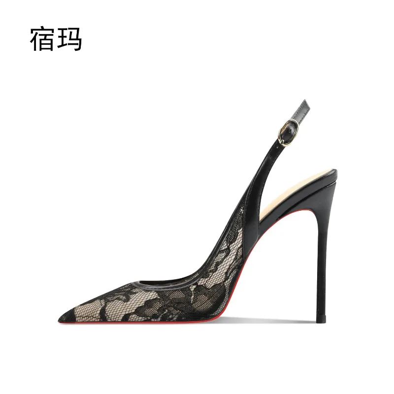 sandales à talons hauts en dentelle noire pour l'été 2025, nouveau talon pointu et fin, bouche peu profonde, chaussure unique professionnelle confortable