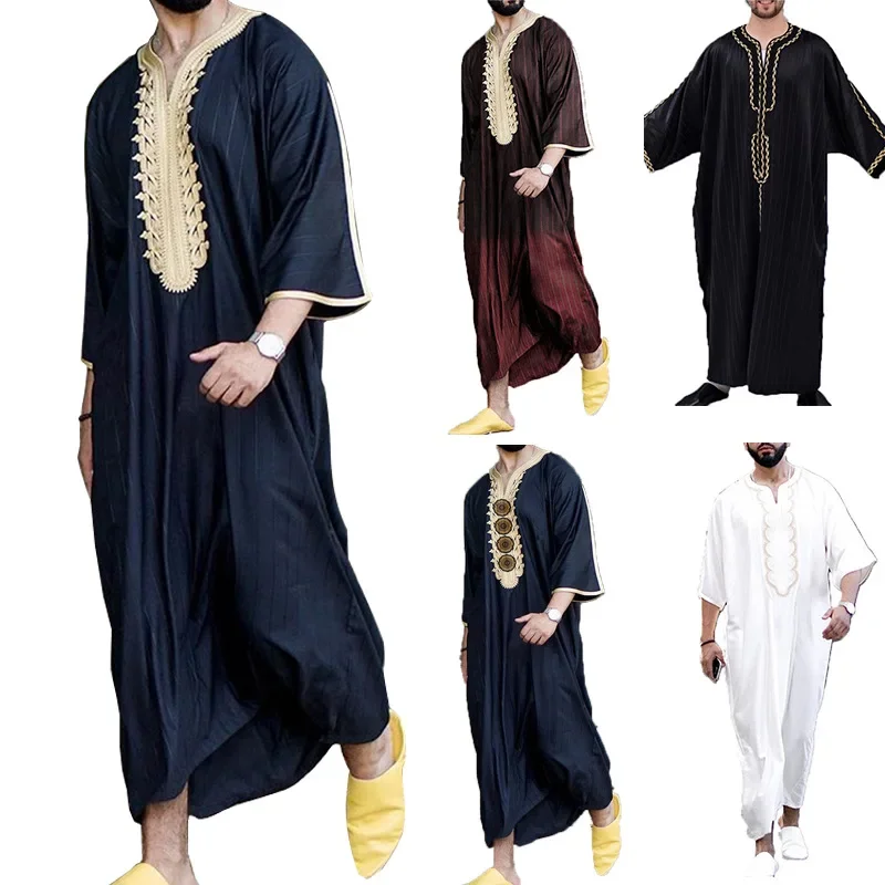 hommes musulmanes mode d'été robe ample islam caftan hommes vêtements dubaï luxe musulman abaya musulman col en v à manches courtes impression