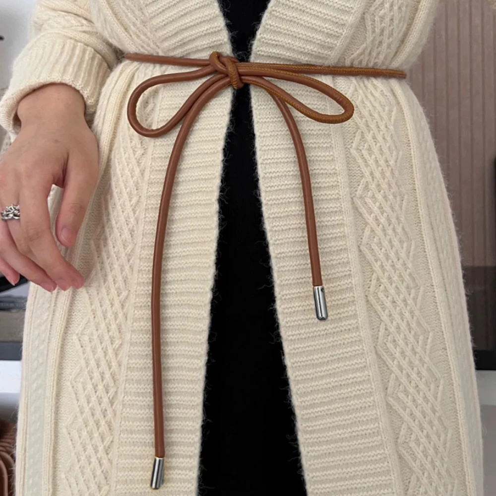 Ceinture ronde en cuir avec nœud pour femme, ceinture fine, longue taille, ULdécorative, vintage, robe, jupe, pull, manteau
