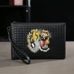 Pochette homme tête de tigre tricot pochette brodée en cuir Pu souple noir téléphone sac à main mode homme affaires enveloppe pochette
