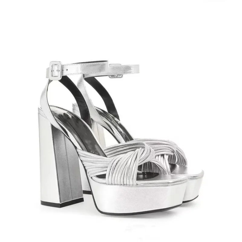 Sandales argentées de style minimaliste européen et américain pour femmes, chaussures d'été imperméables, plate-forme droite, ceinture, talon strucoptique, chaussures simples