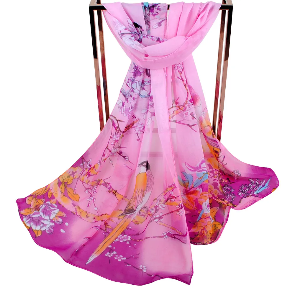 Écharpe longue en mousseline de soie pour femmes, imprimé floral décontracté, respirant, protection solaire, châle en soie douce, longue enveloppe, hijab pour femmes