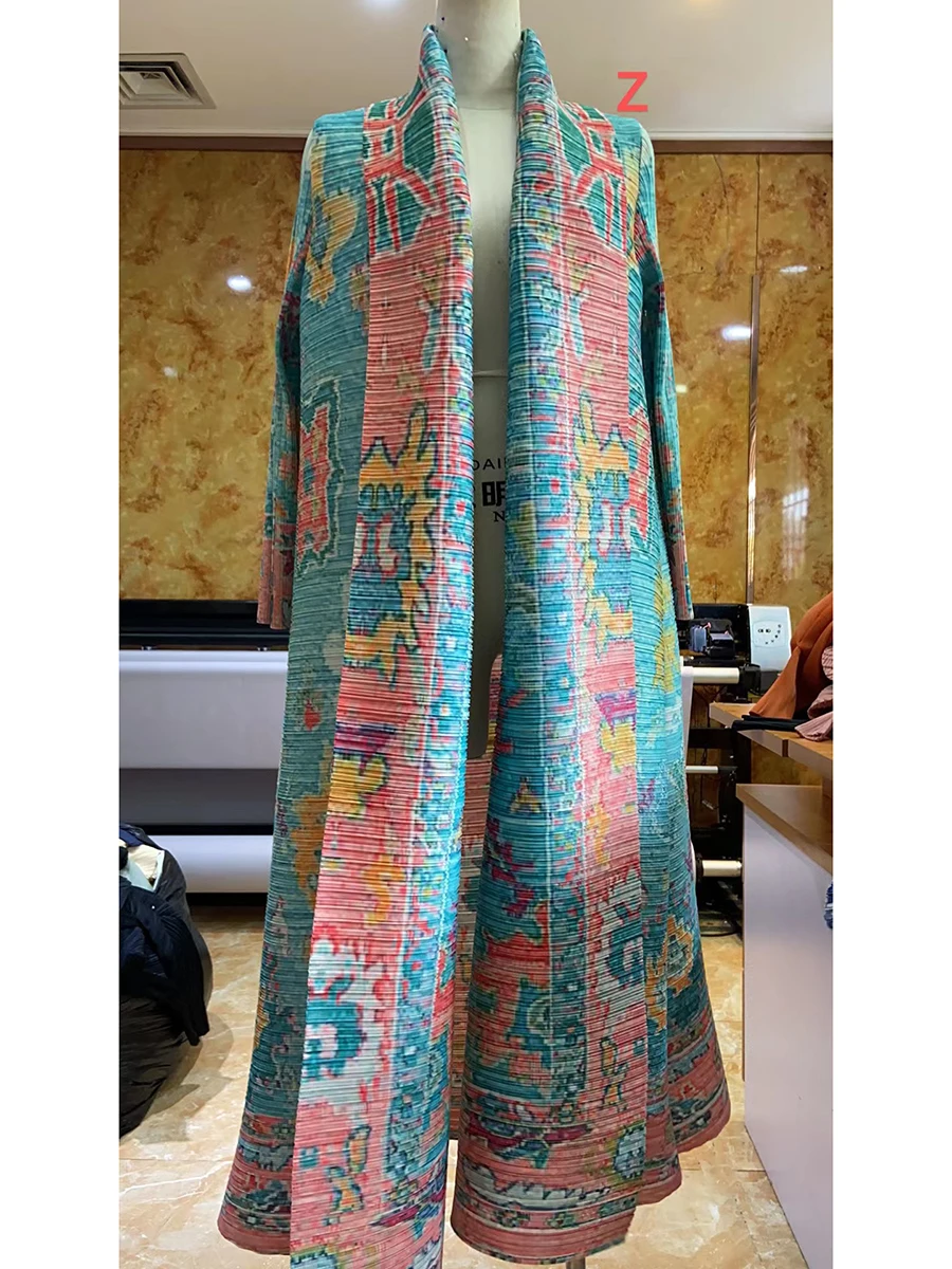miyake plissé vintage imprimé col rabattu à manches longues veste longue femmes concepteur abaya nouveau dubaï mode grande taille manteaux