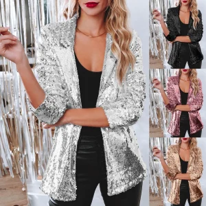 Vestes de ixà Paillettes Brillantes pour Femme, Couleur Unie, Document Brcorporelle, Revers, Cou, Manches Quart, Taille Initiée Droite