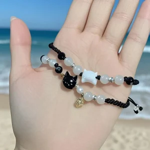 Bracelets en obsidienne en pierre de lune naturelle, 2 pièces, minimaliste, fait à la main, mignon chat noir et blanc, bijoux cadeaux de fête