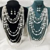 Ensemble collier et boucles d&rsquo;oreilles multicouches en perles simulées pour femmes, Long collier, bijoux à la mode