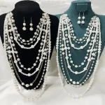 Ensemble collier et boucles d&rsquo;oreilles multicouches en perles simulées pour femmes, Long collier, bijoux à la mode