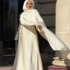 abaya – ensemble hijab en satin élégant, robe maxi avec ceinture, manches longues, robe de soirée formelle pour femmes, couleur unie, robes de festival, tenue