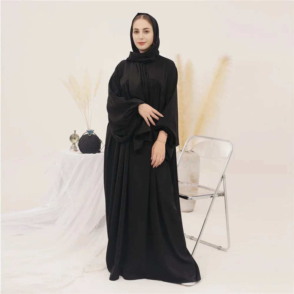 abaya robe longue musulmane unie pour femmes, manches ballon eid, robe islamique avec écharpe, robes africaines, dubaï, caftan de modestie turque