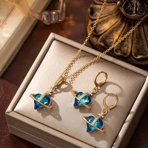 Ensemble de bijoux en cuivre plaqué or avec pierres géométriques en Zircon bleu, collier et boucles d&rsquo;oreilles de luxe pour femmes, Accents et Design élégant