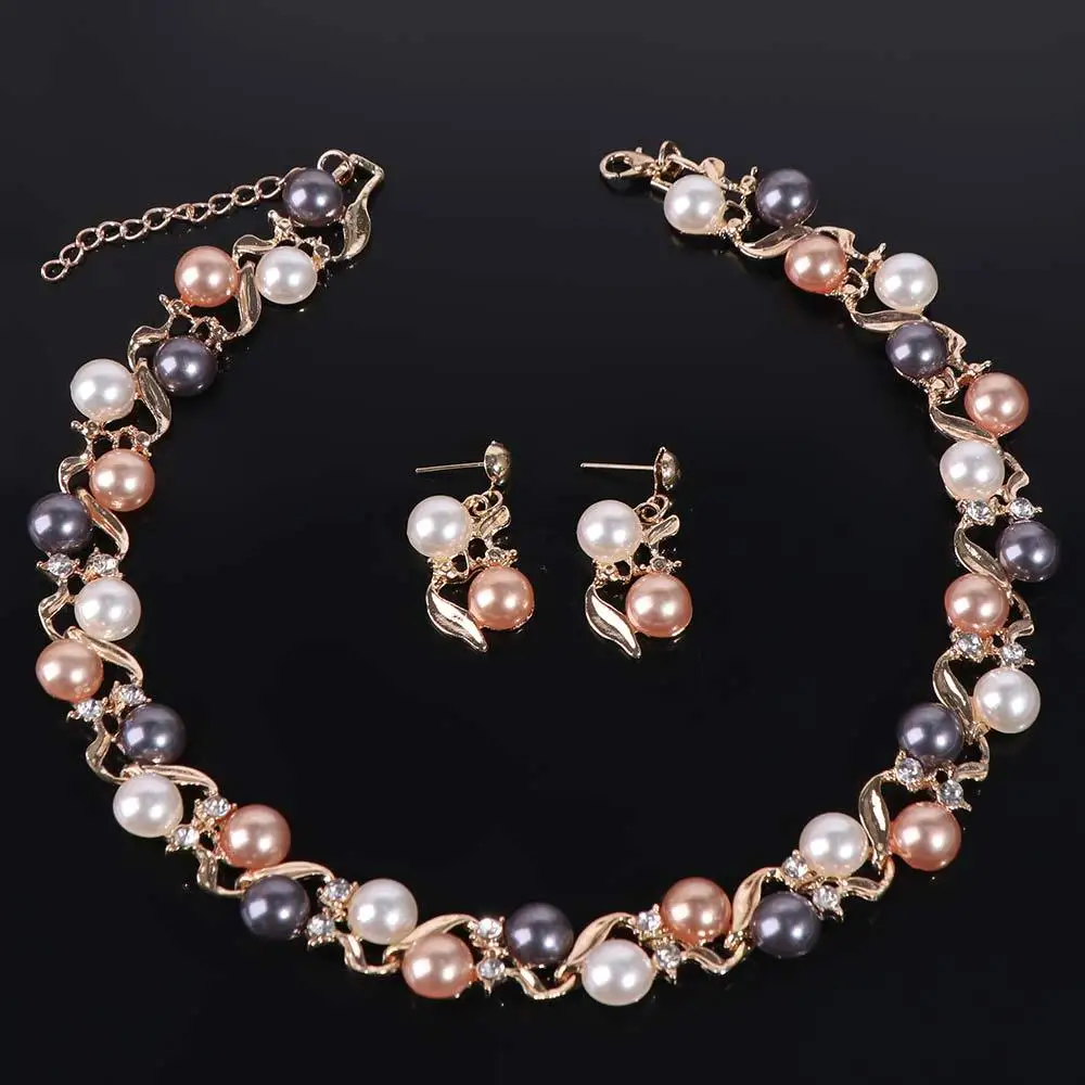 Collier de perles en métal coloré, exquis et élégant, strass, boucles d'oreilles pendantes, feuille, ensemble de boucles d'oreilles, cadeau