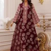 abaya musulmane de dubaï pour femmes, tissu rouge islamique élégant avec broderie dorée complexe pour moyen orient, arabie saoudite, qatar, nouvelle collection