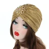 chapeau turban indien pour femmes, couvre tête plissé en velours doux, hijab avec broche, bijoux
