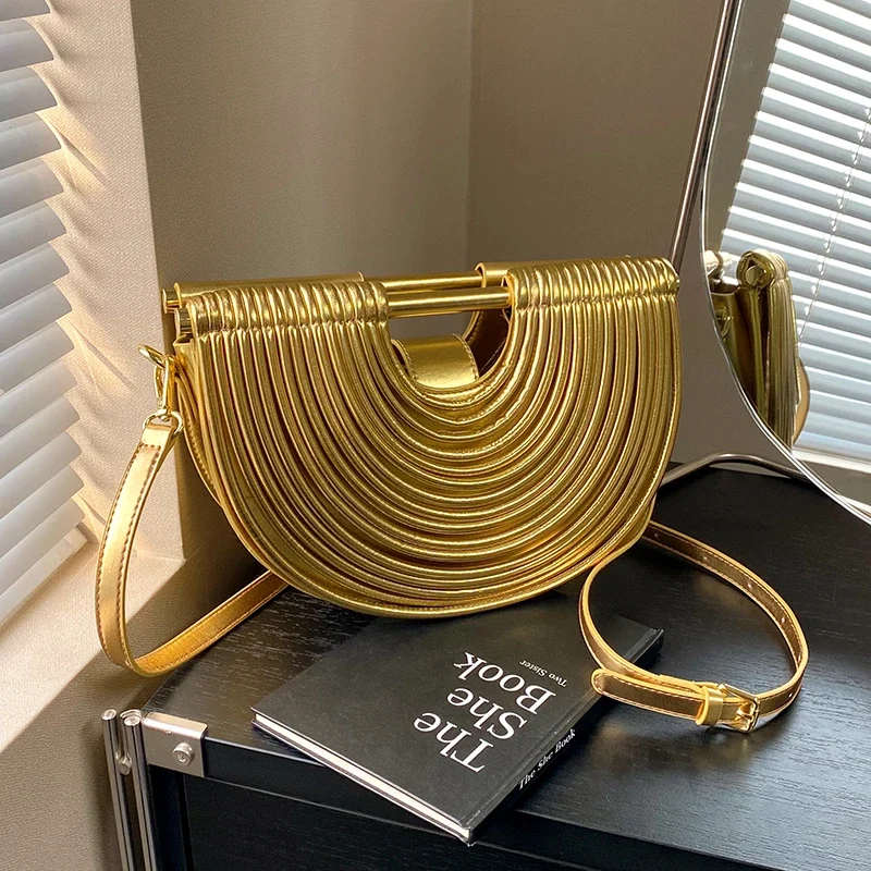 Pochette de soirée de luxe pour femmes, sac à bandoulière demi-lune à nouilles dorées, sacs à main de luxe de styliste pour dîner de mariage, 2025
