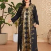 musulman arabe femme ample décontracté rétro ethnique impression noir col en v manches longues vêtements abaya femmes dubaï longue robe grande taille