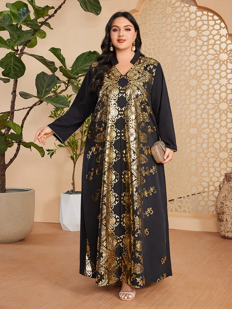 musulman arabe femme ample décontracté rétro ethnique impression noir col en v manches longues vêtements abaya femmes dubaï longue robe grande taille