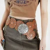 ceinture ajustable vintage en pu pour femme, disque large en métal, style western exagéré, rond et creux