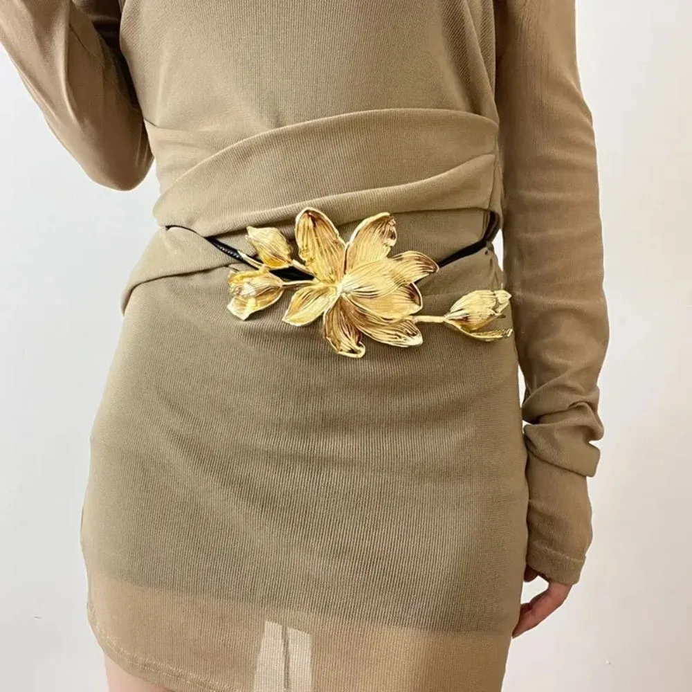 Ceinture tulipe dorée polyvalente et réglable, Vintage, en métal PU, fleur, chaîne de taille, alliage, ceinture exagérée, joint de taille