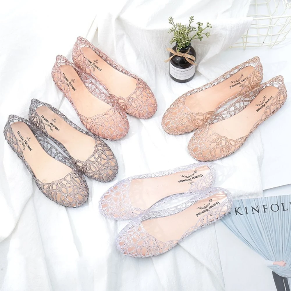 sandales confortables à semelles plates pour femmes, chaussures de plage ajourées à bouche peu profonde, en gelée, respirantes, transparentes, scintillantes, été