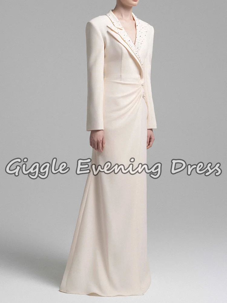 robe de soirée élégante en crêpe à manches longues pour femmes, drapée à revers perlé, robe maxi formelle, dubaï abaya, robe d'invitées de mariage personnalisée