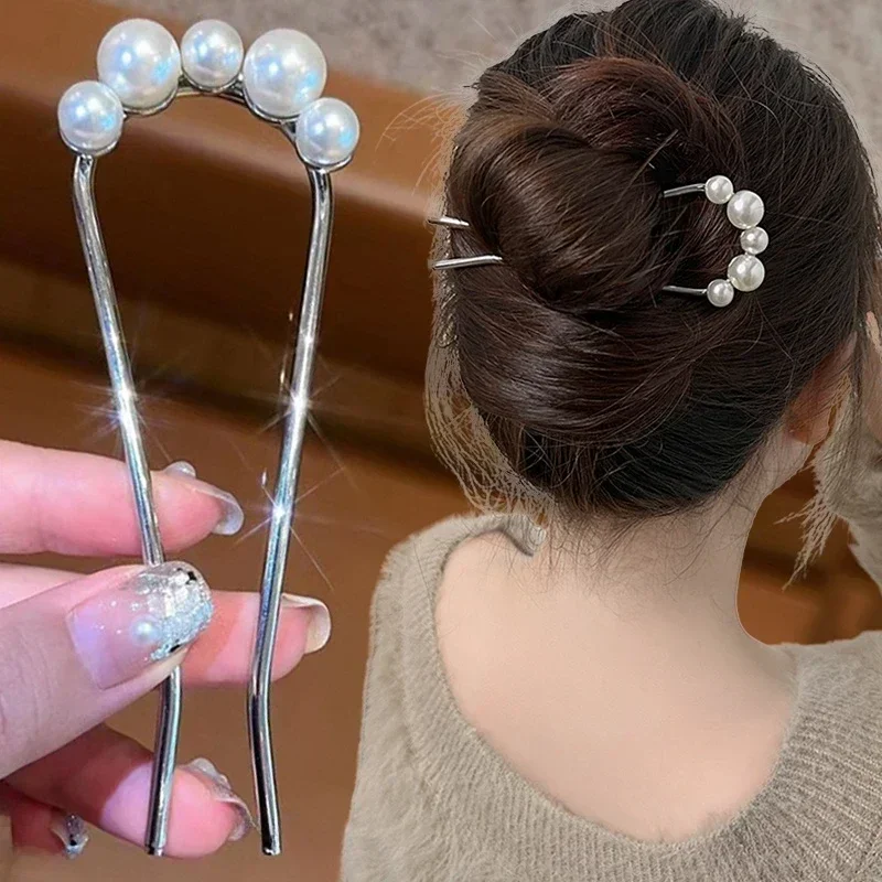 Épingles à cheveux coréennes en forme de U pour femmes, pinces à cheveux en perles de Style élégant, fourchettes en métal, épingles à cheveux en perles Vintage, outils de coiffure, cadeaux