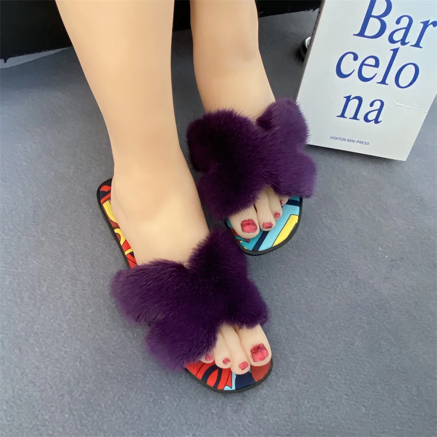 Sandales plates pour femmes, pantoufles 100% vrais poils de vison, chaussures de styliste à fond plat, tongs d'extérieur confortables et antidérapantes
