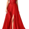 Robe de bal longue en mousseline de soie, avec des Appliques en dentelle scintillante, col en v, bretelles Spaghetti, robe formelle avec fente, robes de soirée