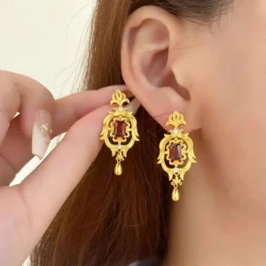 Boutique d&rsquo;or véritable 9999 24 carats avec les mêmes boucles d&rsquo;oreilles et boucles d&rsquo;oreilles pour femmes en or, bijoux en grenat rétro, luxueux et beaux