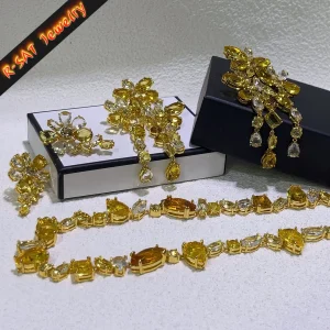 Ensemble de bijoux fins luxueux en cristal de couleur jaune, collier en cristal de Zircon, boucles d&rsquo;oreilles, Bracelet, breloques pour femmes, accessoires de mariage