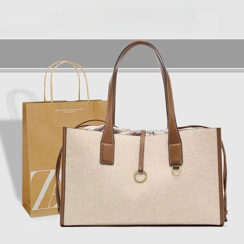 JIAERDI Beige couleur blocage sac fourre-tout femmes Vintage toile grande capacité sac à bandoulière dames décontracté quotidien cordon sac à main