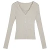 chemise à manches longues en dentelle pour femmes, col en v, beige, tricoté, nouveau style, amincissant, belle atmosphère, printemps automne