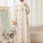 Abaya islamique pour femmes, avec motifs de feuilles dorées, collier avec pompon, accent pour les observances du Ramadan, événements religieux du moyen-orient, 2025