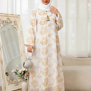 Abaya islamique pour femmes, avec motifs de feuilles dorées, collier avec pompon, accent pour les observances du Ramadan, événements religieux du moyen-orient, 2025