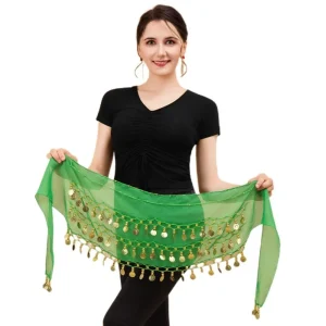 Écharpe de hanche de danse du ventre, pièces de monnaie de couleur or, matériau en mousseline de soie réglable, écharpe de hanche enveloppante à trois couches, ceinture de taille de danse facile à porter