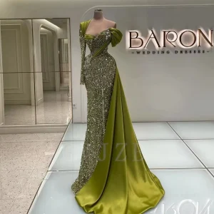 Robes de soirée saoudiennes à paillettes vertes, asymétrique épaule dénudée, manches longues, robes formelles pour femmes arabes, robes de bal personnalisées