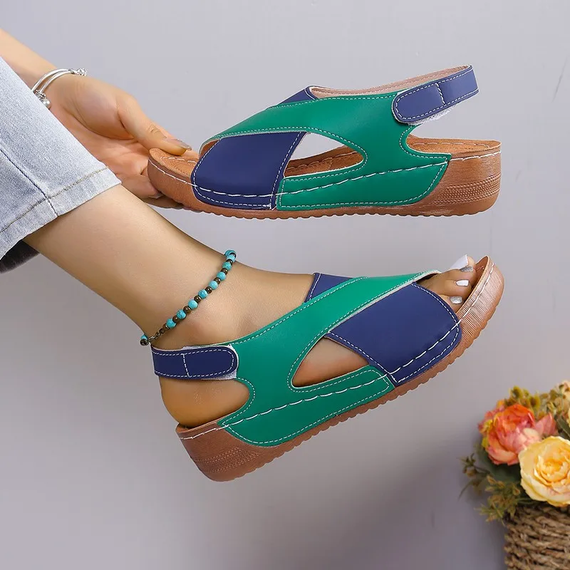nouvelles femmes contraste couleur sandales à talons compensés été peep orteil chaussures de plage antidérapantes femme plate forme confortable romaine sandalias mujer