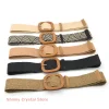 vintage bohe paille boucle ceinture femmes tressé ceinture élastique ronde carrée en bois boucle été femmes tricoté ceinture robe ceinture