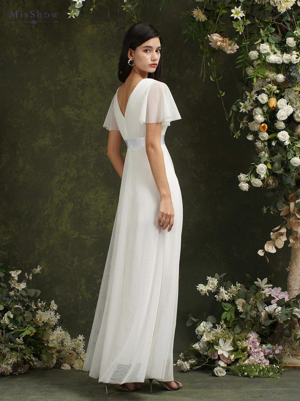robe de mariée ivoire à manches courtes pour femme, ligne a, col en v, plissé, tulle, dos ouvert, bal de promo, tout ce qui est avec ceinture