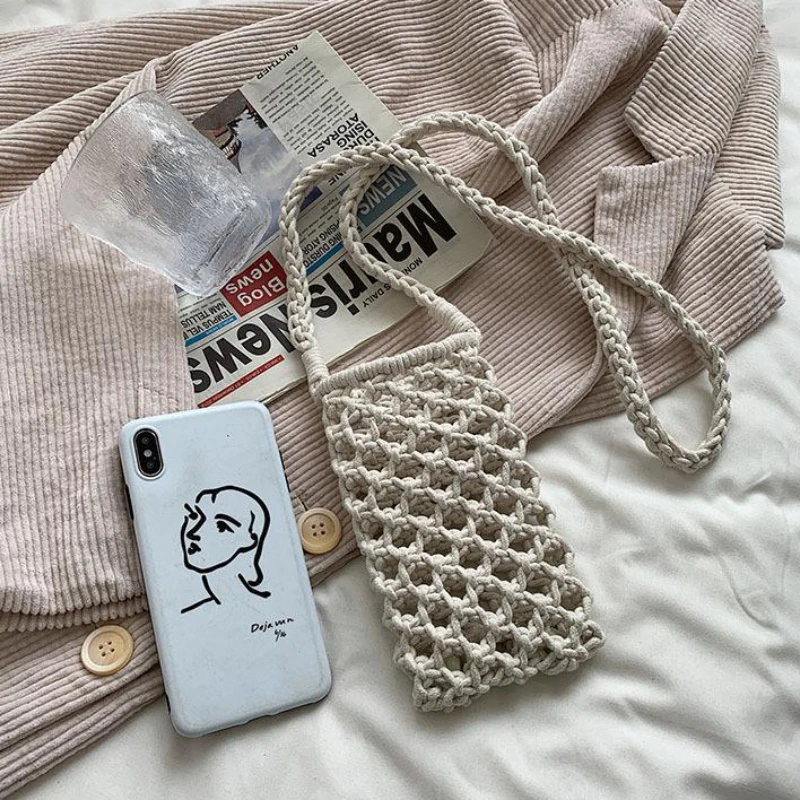 petit sac à bandoulière pour téléphone pour femmes, couleur unie, tissé ajouré au crochet, léger tressé, sac à main à bandoulière