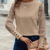 Haut en tricot gaufré Beige pour femme, panneaux en dentelle, manches florales, poignets à boutons, col rond, décontracté, Chic, mode de rue, usage quotidien