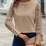 Haut en tricot gaufré Beige pour femme, panneaux en dentelle, manches florales, poignets à boutons, col rond, décontracté, Chic, mode de rue, usage quotidien