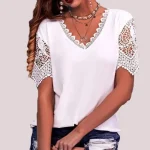 Lâche col en v à manches courtes dentelle Patchwork Blouse femmes t-shirt style décontracté haut bureau dame élégant Simple à manches courtes pull T-Shirt