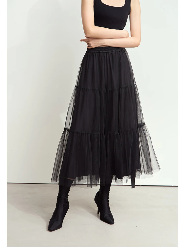 AMII-Jupe Maxi en Tulle Superposée pour Femme, Minimaliste, Taille Haute, Élégante, Ligne A, Maille, Noir, Blanc, ix, Jupes Douces, 12443071