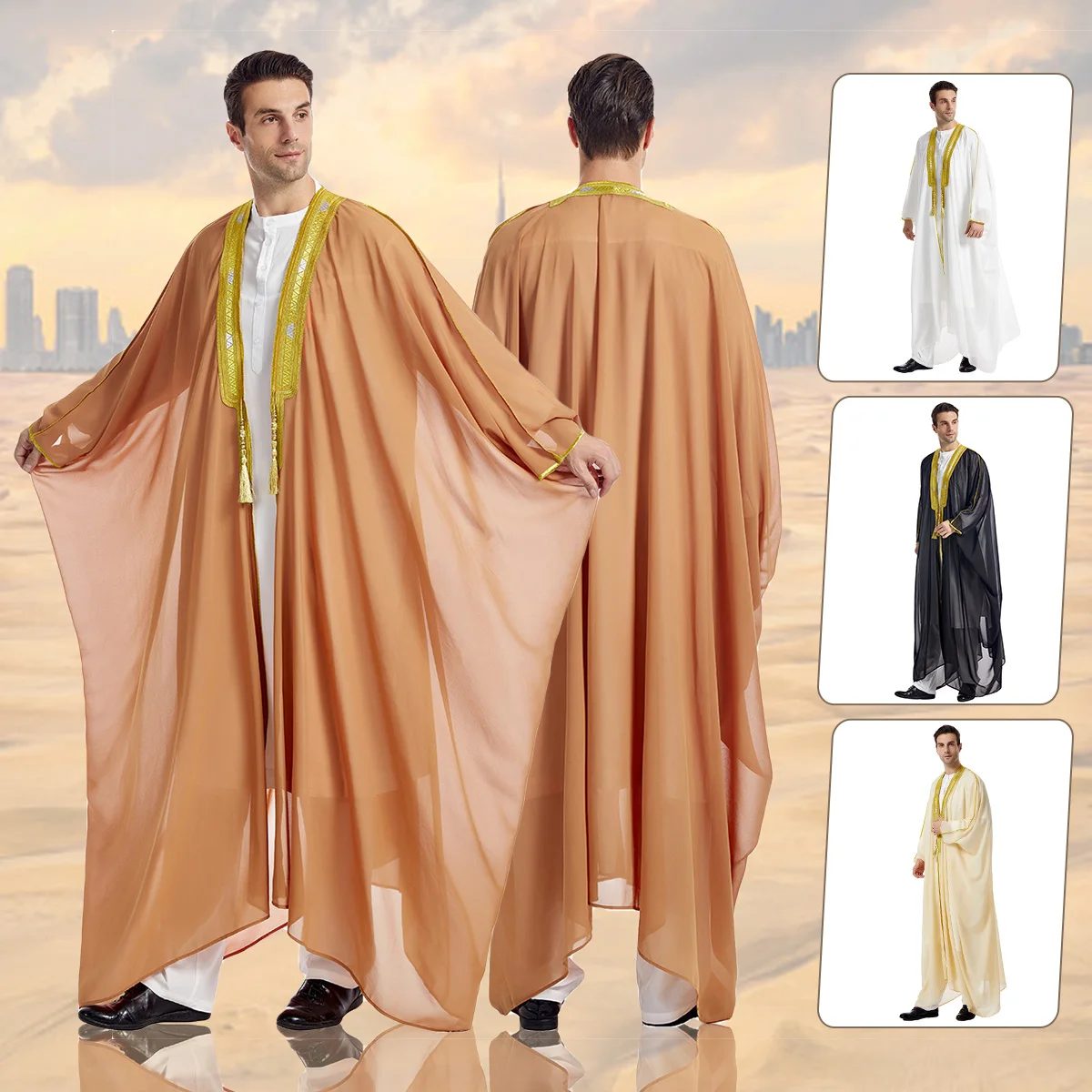 Robe musulmane pour hommes, kimono adt abaya, manches longues, brodée, en mousseline de soie, kaftan décontracté, thobe de dubaï Robe musulmane pour hommes, kimono adt abaya, manches longues, brodée, en mousseline de soie, kaftan décontracté, thobe de dubaï