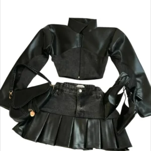 Y2K – ensemble deux pièces en Denim épissé en cuir noir pour femmes, veste à manches longues avec fermeture éclair Harajuku, nouvelle jupe plissée Sexy, costume de moto