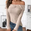 haut en tricot côtelé beige pour femme, épaules dénudées, manches longues, ourlet asymétrique, élégant pour fête et styles décontractés, pull, vêtements y2k
