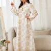 abaya islamique pour femmes, avec motifs de feuilles dorées, collier avec pompon, accent pour les observances du ramadan, événements religieux du moyen orient, 2025